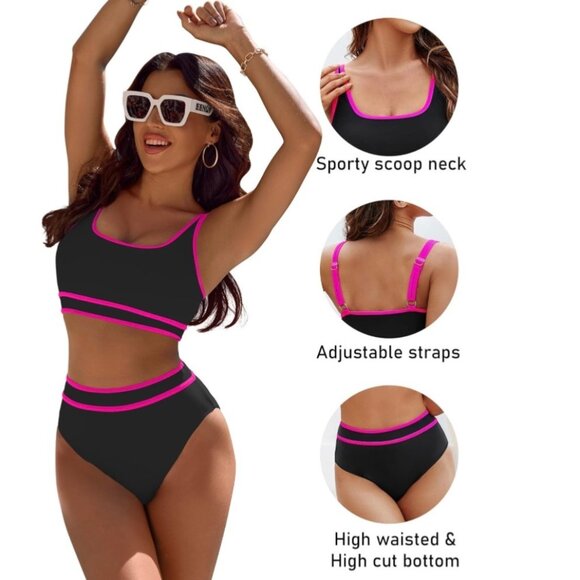 BMJL Women’s 2 Piece Bikini M Scoop Neck High Waisted Sporty Swimsuit Black Pink - Picture 4 of 7